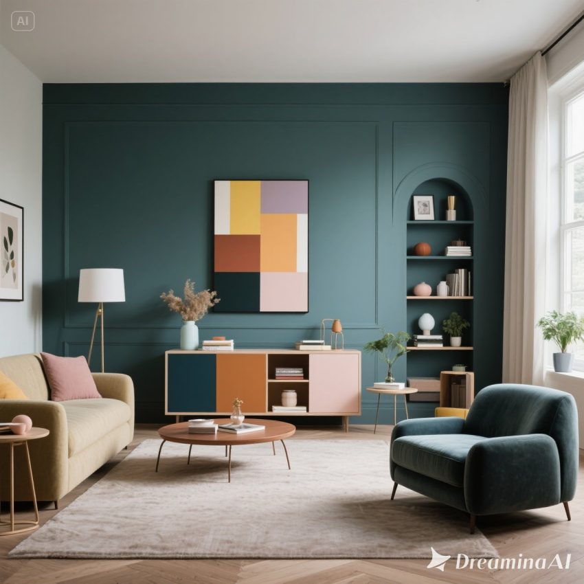 Infografis flat-style menampilkan ruang tamu modern dengan sofa, meja kayu, dan tanaman hias, di samping palet warna tren interior 2025: netral hangat, earthy tones, pastel, bold futuristik, dan metallic.