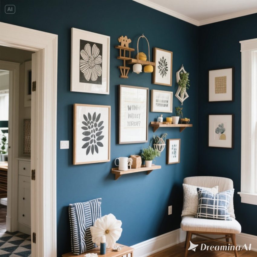 digital illustration menampilkan ruang tamu dengan sofa biru dan dinding berisi dekorasi DIY wall art berupa quote board, lukisan abstrak, macrame, foto keluarga, dan jam dinding, menciptakan suasana hangat dan kreatif.