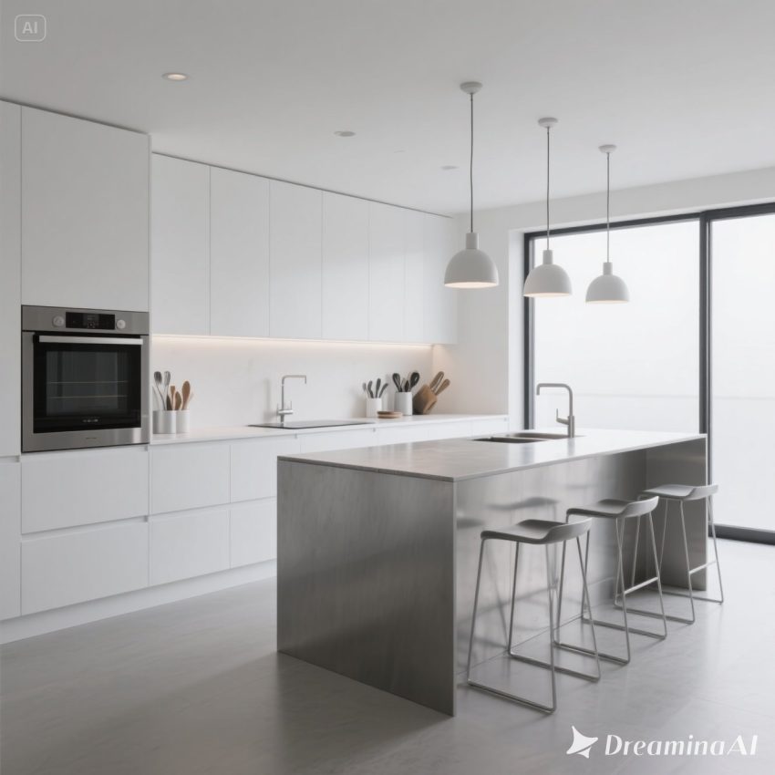 Ilustrasi dapur minimalis modern dengan kitchen island, warna netral putih dan abu-abu, pencahayaan alami dari jendela besar, serta dekorasi sederhana yang elegan.