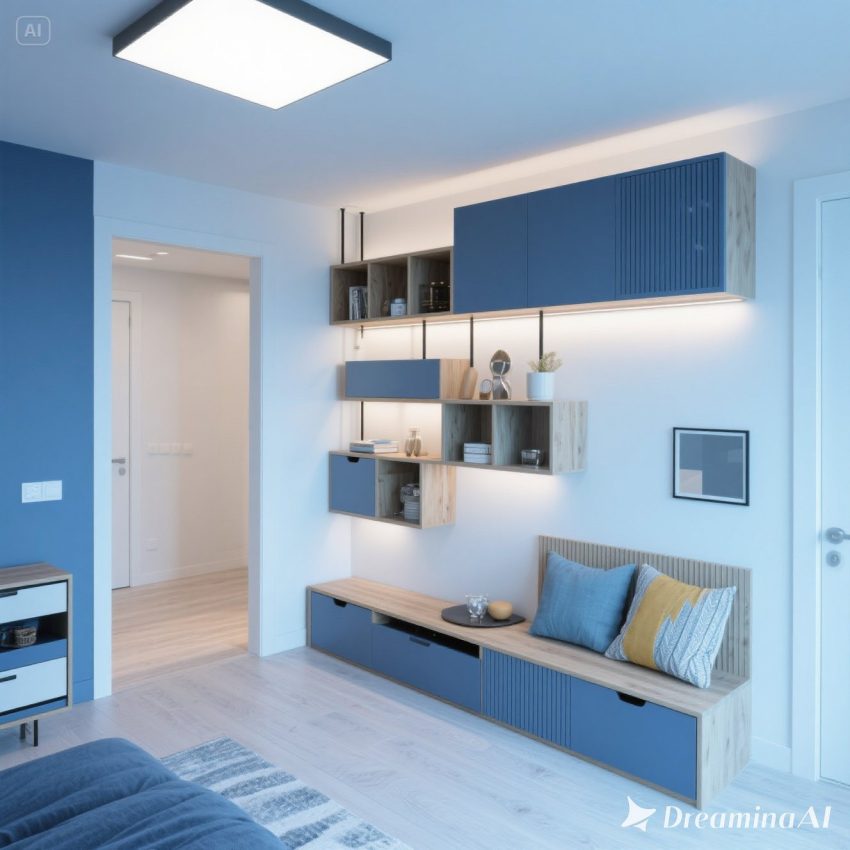 Ilustrasi apartemen modern dengan furnitur multifungsi seperti sofa bed, meja lipat, dan rak serbaguna untuk menghemat ruang.