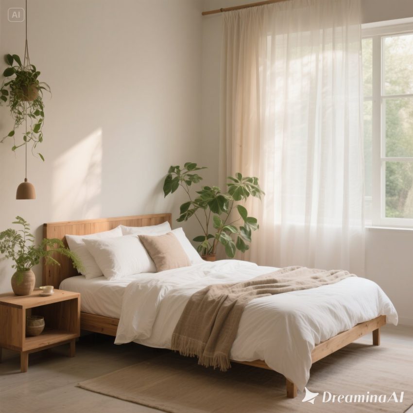 Ilustrasi kamar tidur dengan nuansa natural menggunakan kayu, tanaman hijau, dan pencahayaan alami.