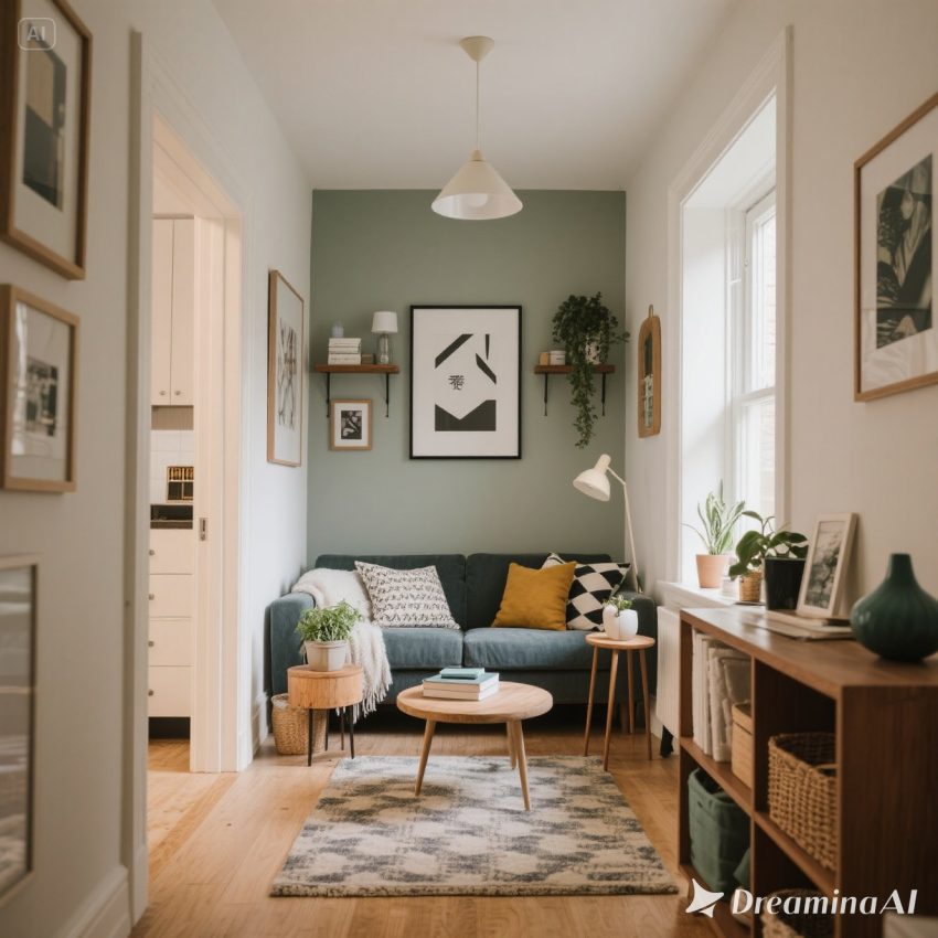 Ilustrasi rumah kecil dengan kesalahan dekorasi seperti furnitur berlebihan, warna gelap, dan pencahayaan buruk.