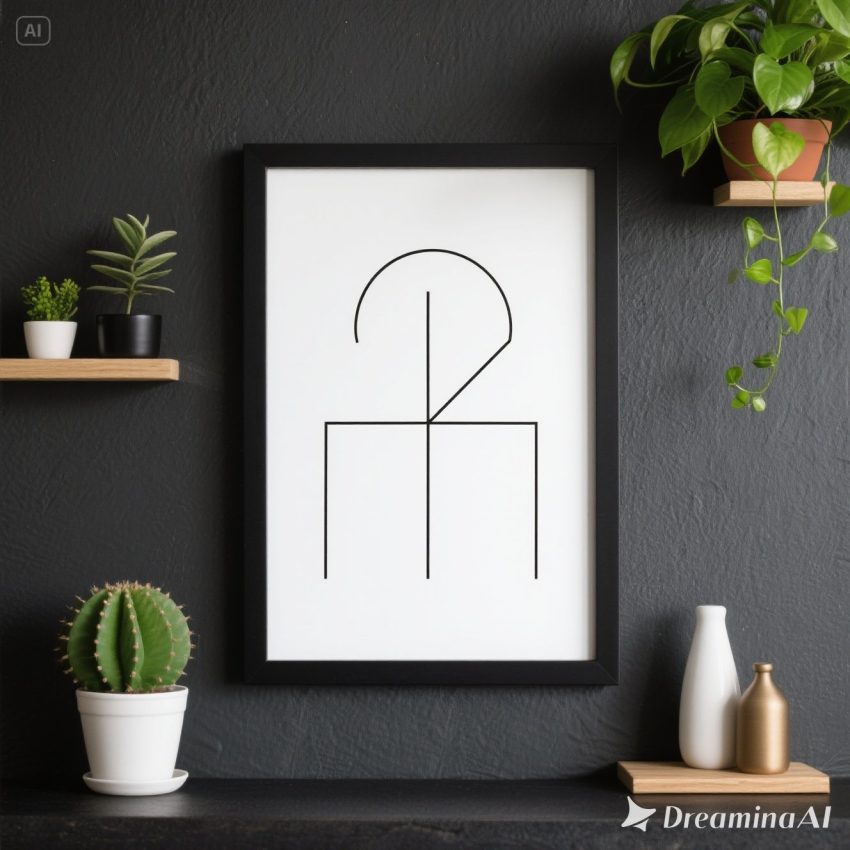 Ilustrasi dekorasi dinding minimalis dengan poster, tanaman gantung, rak kayu, dan lampu hias
