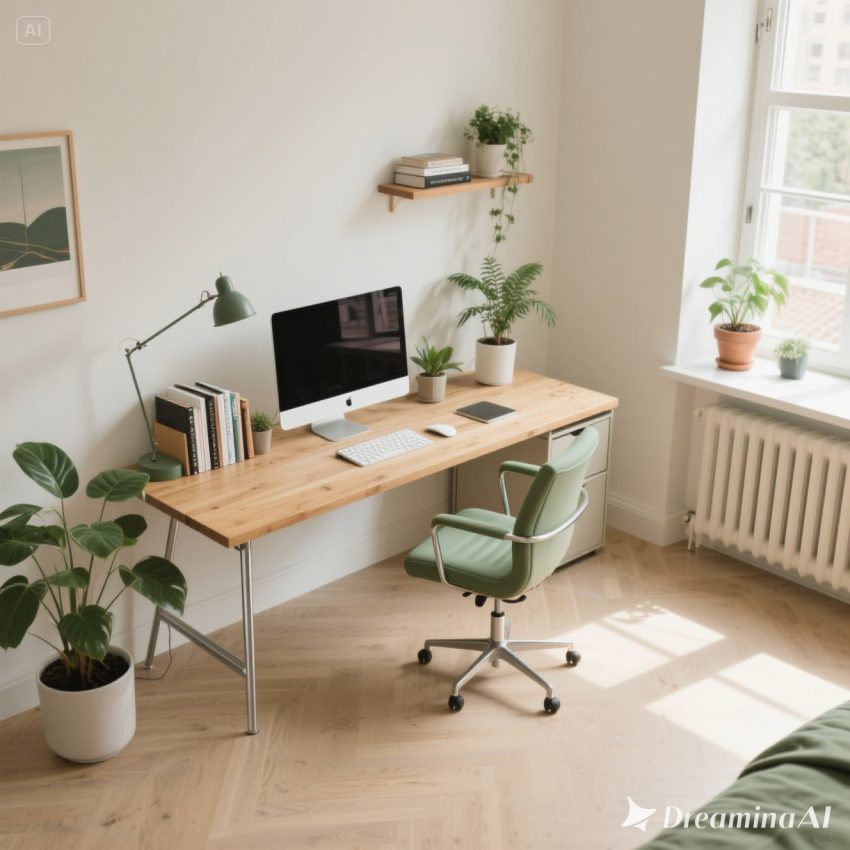Ilustrasi ruang kerja rumah minimalis untuk freelancer dengan meja ergonomis, kursi nyaman, dan dekorasi hijau.