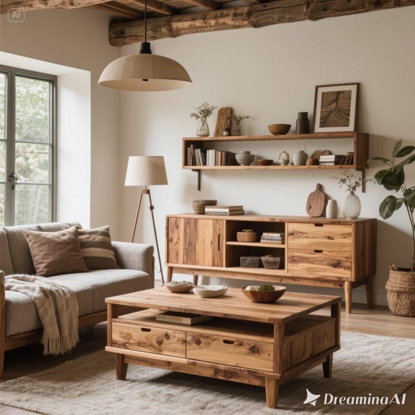 Ilustrasi furniture kayu gaya rustic dan modern di ruang tamu minimalis."