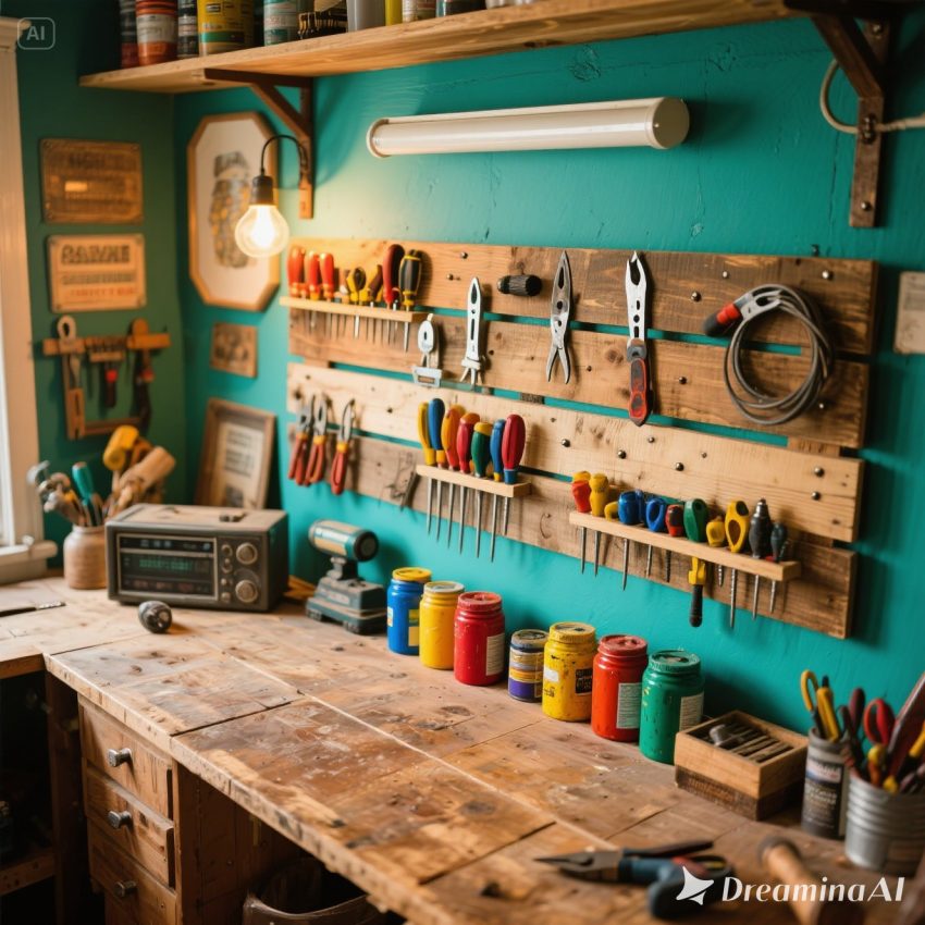 "Kolase DIY hiasan meja kerja dengan tanaman mini, mood board, dan lampu estetik."
