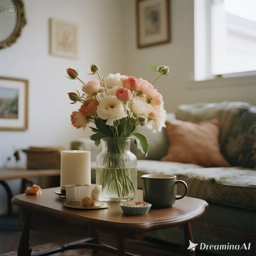 Kolase dekorasi spring look untuk rumah dengan bunga segar, warna pastel, dan furnitur rotan.