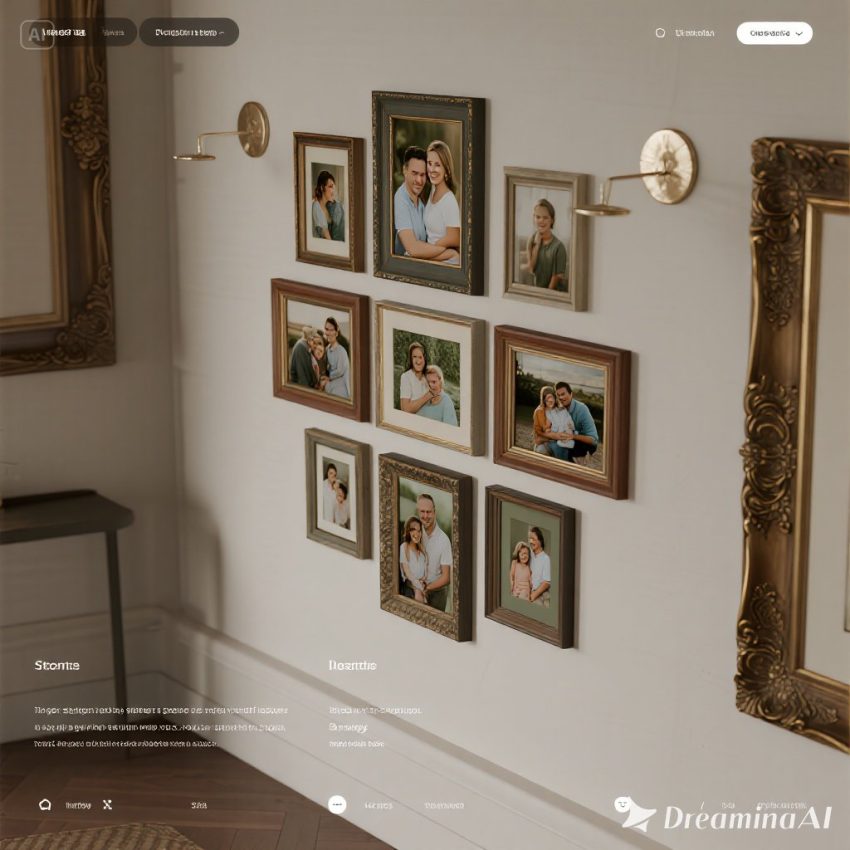 Kolase galeri foto keluarga di dinding dengan bingkai berbagai ukuran dan layout rapi.