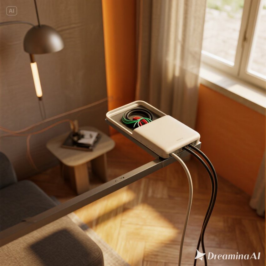 Ilustrasi interior rumah modern dengan kabel yang rapi menggunakan box dan clip.
