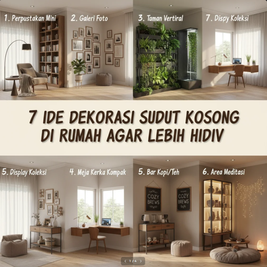 Sudut rumah dengan kursi rotan, tanaman hijau, dan lampu berdiri yang menciptakan suasana hangat dan hidup.