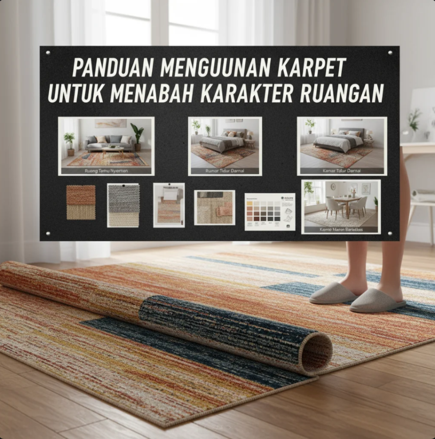 Ruang tamu modern dengan karpet bermotif geometris yang menonjolkan karakter interior elegan.