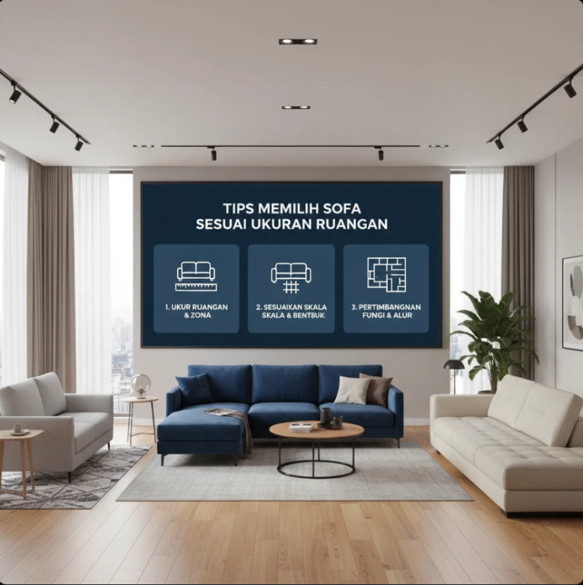 Ruang tamu modern dengan sofa minimalis yang proporsional terhadap ukuran ruangan.