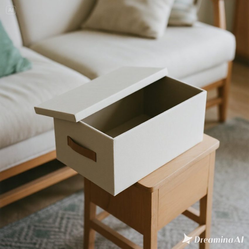 DIY storage box cantik dari kardus dengan kain dan dekorasi minimalis di kamar modern.