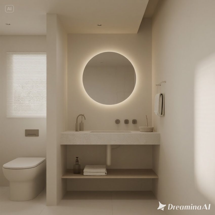 Kamar mandi modern minimalis dengan palet warna putih dan abu-abu, pencahayaan alami, serta aksen kayu.