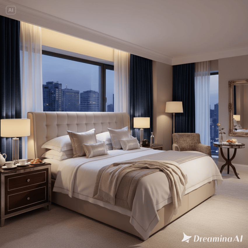 Ilustrasi kamar tidur elegan ala hotel bintang 5 dengan pencahayaan hangat dan desain modern.