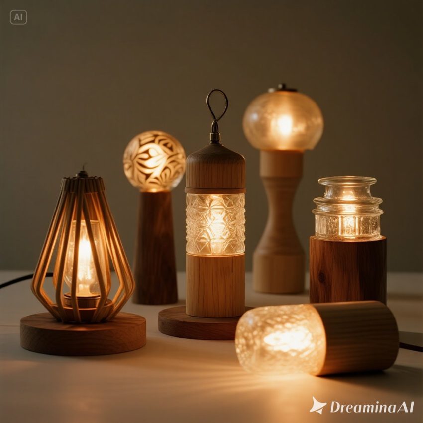 Ilustrasi lampu hias DIY dari botol kaca, tali rami, dan kaleng bekas.