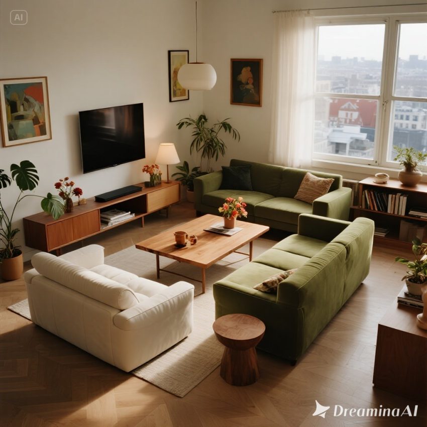 Ilustrasi ruang tamu modern dengan sofa L-shape, coffee table, dan dekorasi dinding.