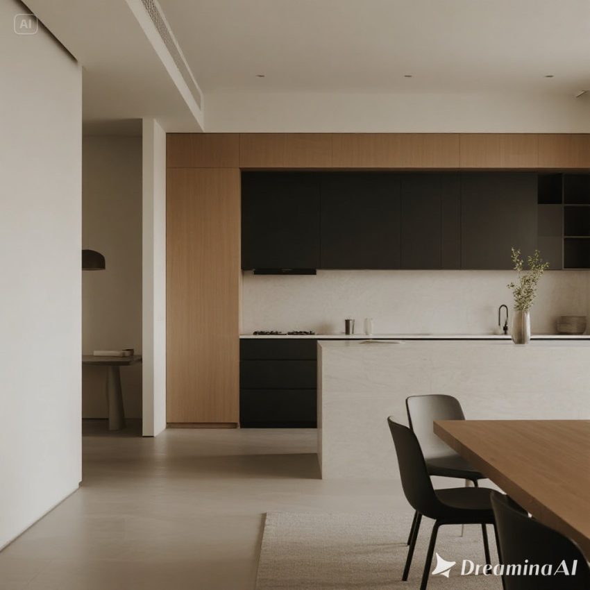 Ilustrasi ruang tamu, ruang makan, dan dapur bergaya open space modern dengan pencahayaan alami.