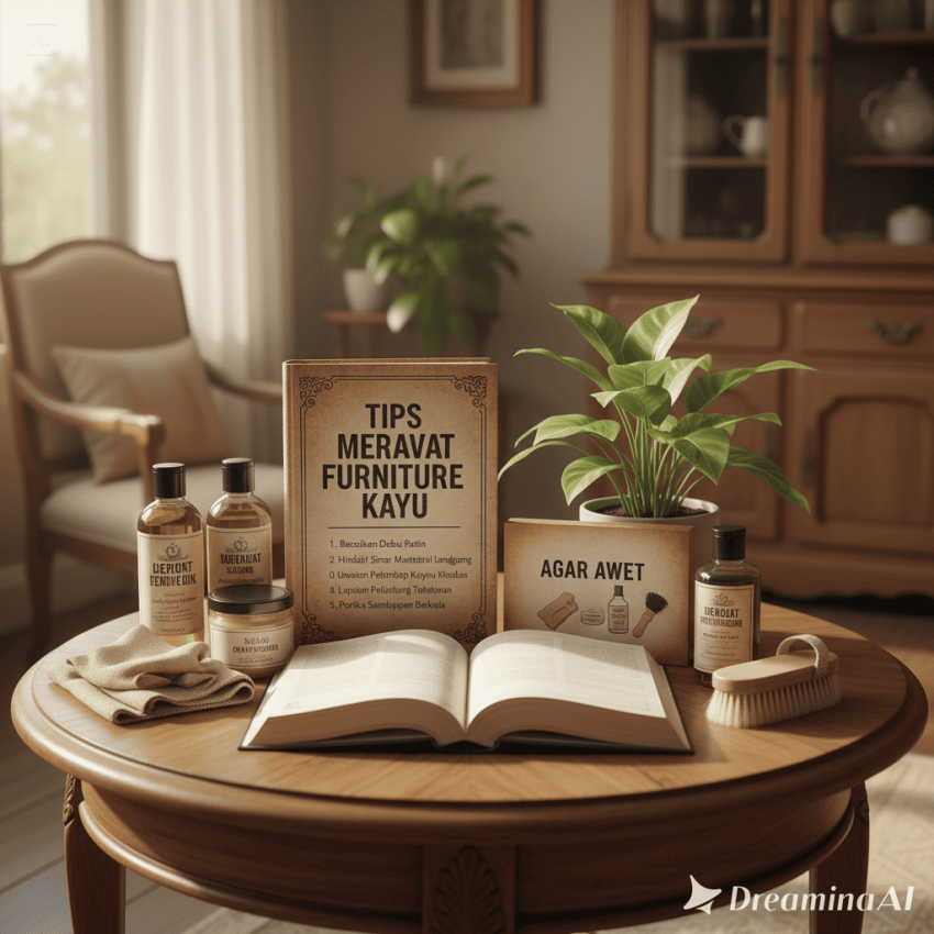 Ilustrasi orang sedang membersihkan furniture kayu dengan kain lembut.