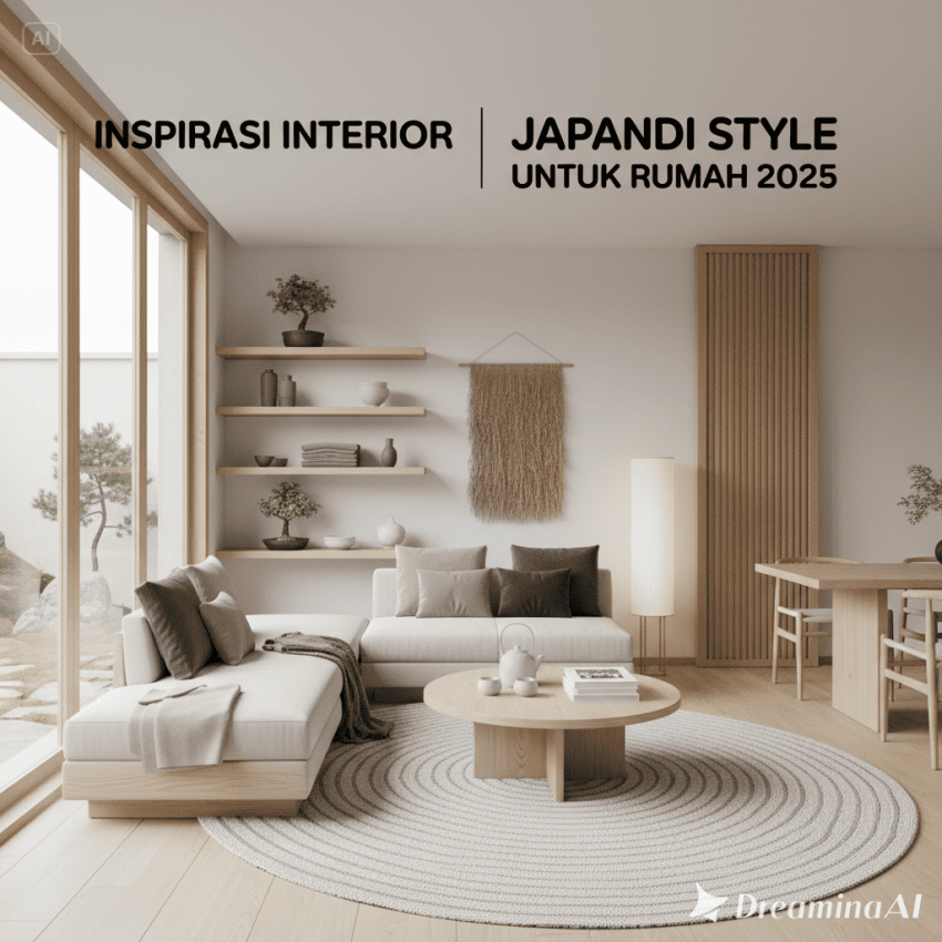 Interior rumah Japandi Style dengan furnitur kayu minimalis, warna netral, dan tanaman hijau.