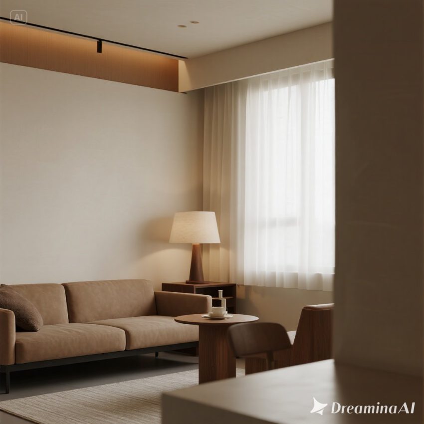 Ruang tamu modern dengan sentuhan desain Skandinavia, sofa minimalis, dekorasi kayu, dan cahaya alami.