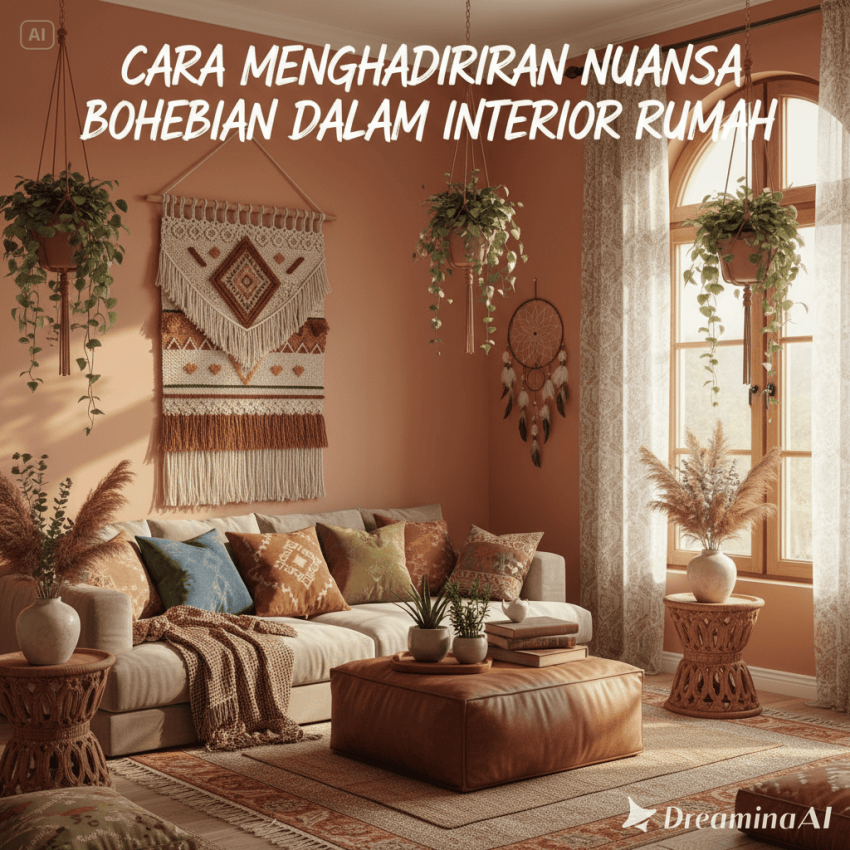 Ilustrasi interior rumah bergaya Bohemian dengan furnitur kayu, bantal motif etnik, tanaman indoor, dan pencahayaan hangat.