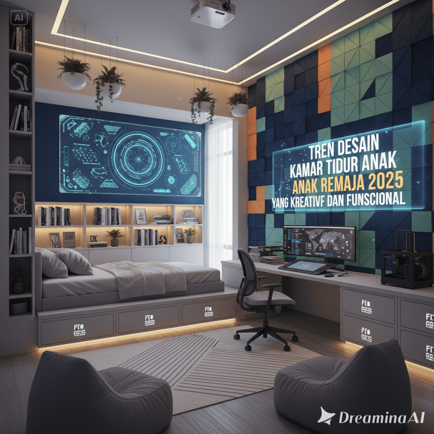 Ilustrasi kamar tidur remaja modern dengan area belajar, dekorasi kreatif, dan penyimpanan fungsional.
