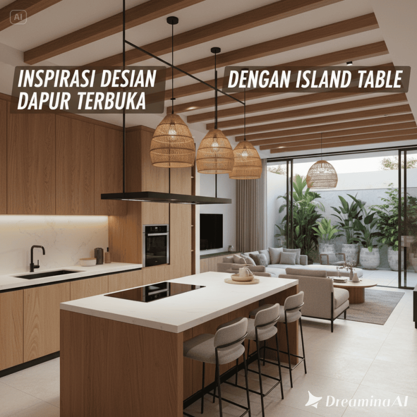 Ilustrasi dapur terbuka modern dengan island table minimalis.