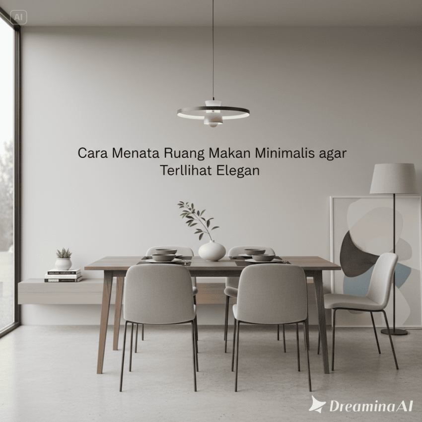 Ilustrasi ruang makan minimalis elegan dengan meja kayu sederhana dan lampu gantung modern.