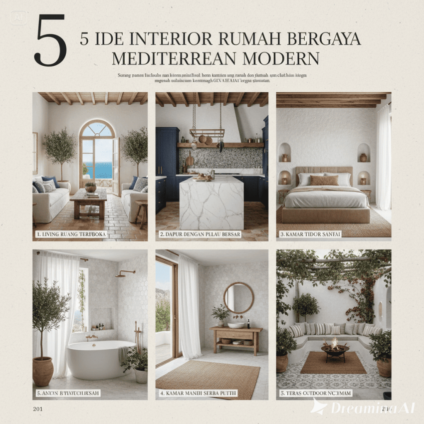 Desain interior Mediterranean modern dengan warna netral, furnitur kayu, dan cahaya alami.