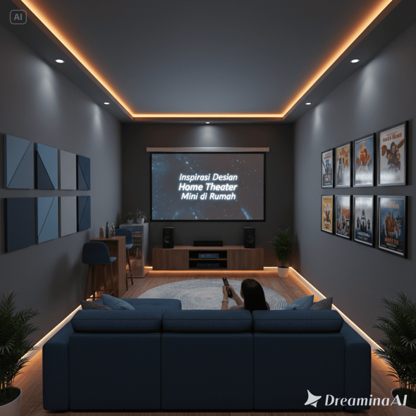 Ilustrasi desain home theater mini di rumah dengan kursi nyaman dan layar lebar modern.