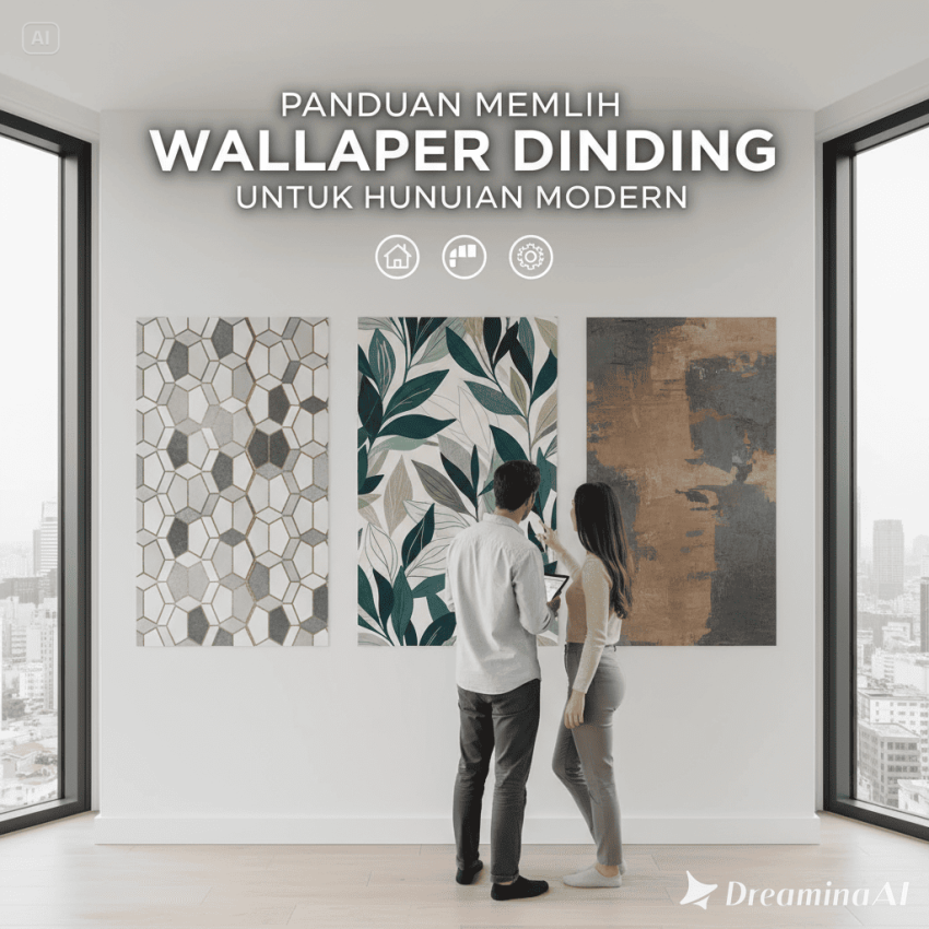 Ilustrasi ruang tamu modern dengan wallpaper motif geometris dan pencahayaan hangat.