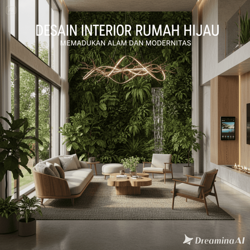 Ilustrasi ruang tamu modern dengan tanaman hijau, jendela besar, dan cahaya alami yang masuk ke dalam ruangan.
