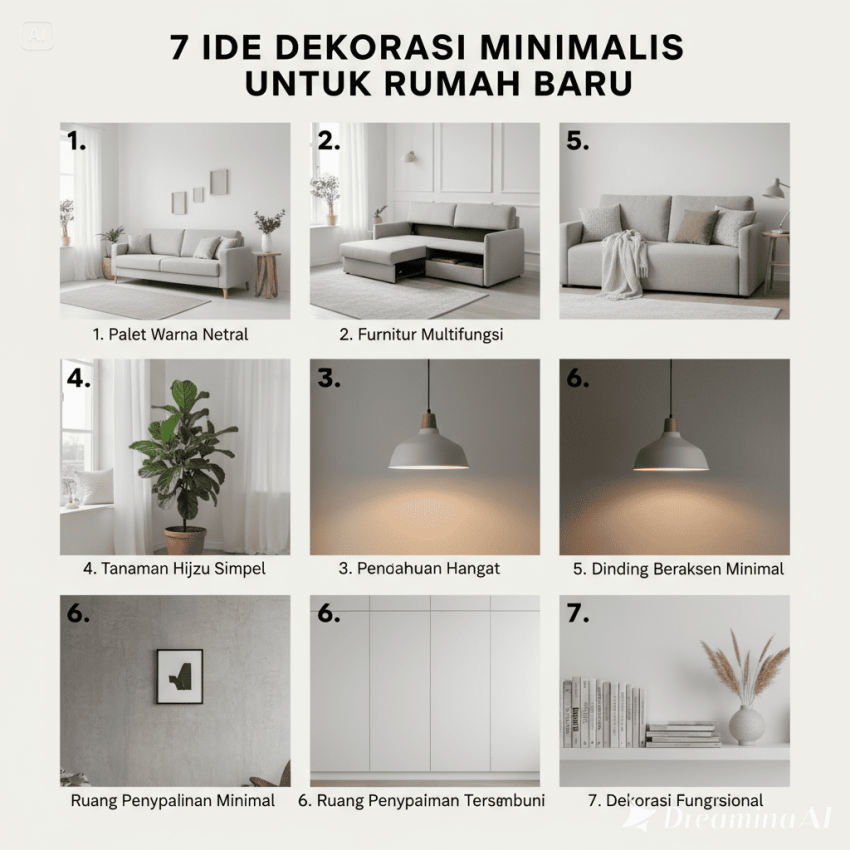 Ruang tamu rumah minimalis modern dengan warna netral, furnitur kayu, dan pencahayaan alami yang lembut.