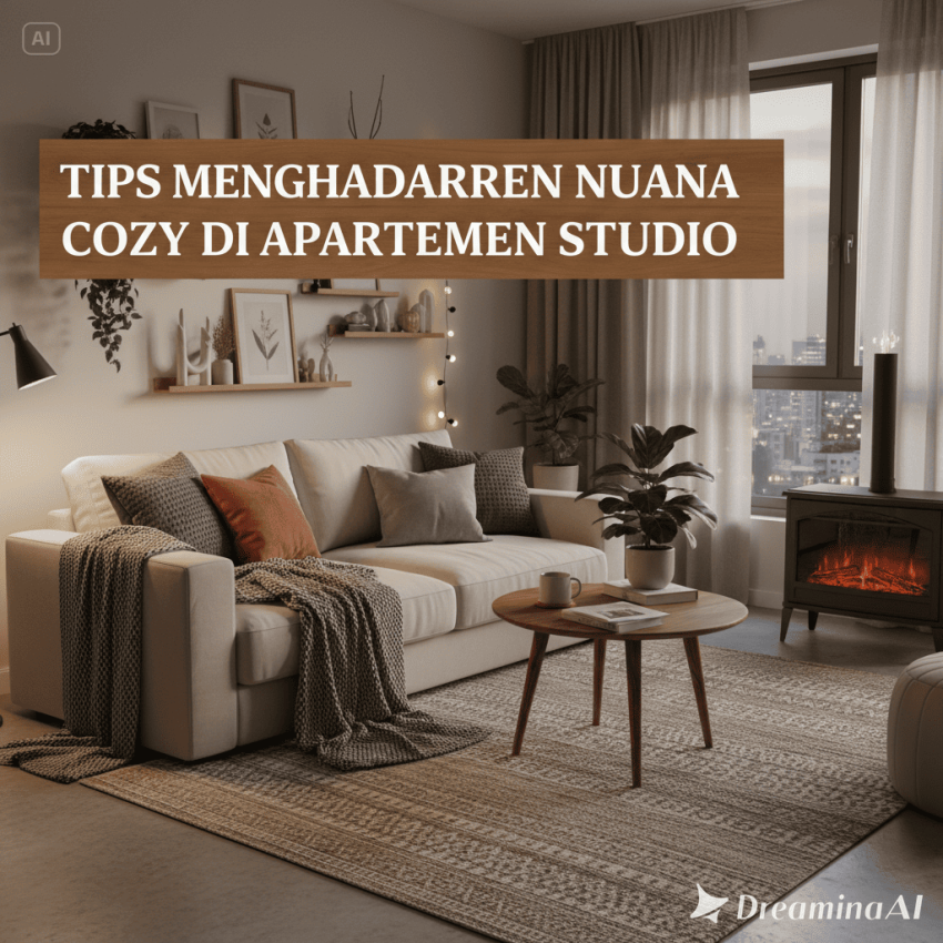 Ilustrasi apartemen studio bergaya minimalis dengan pencahayaan hangat, furnitur multifungsi, dan dekorasi cozy.