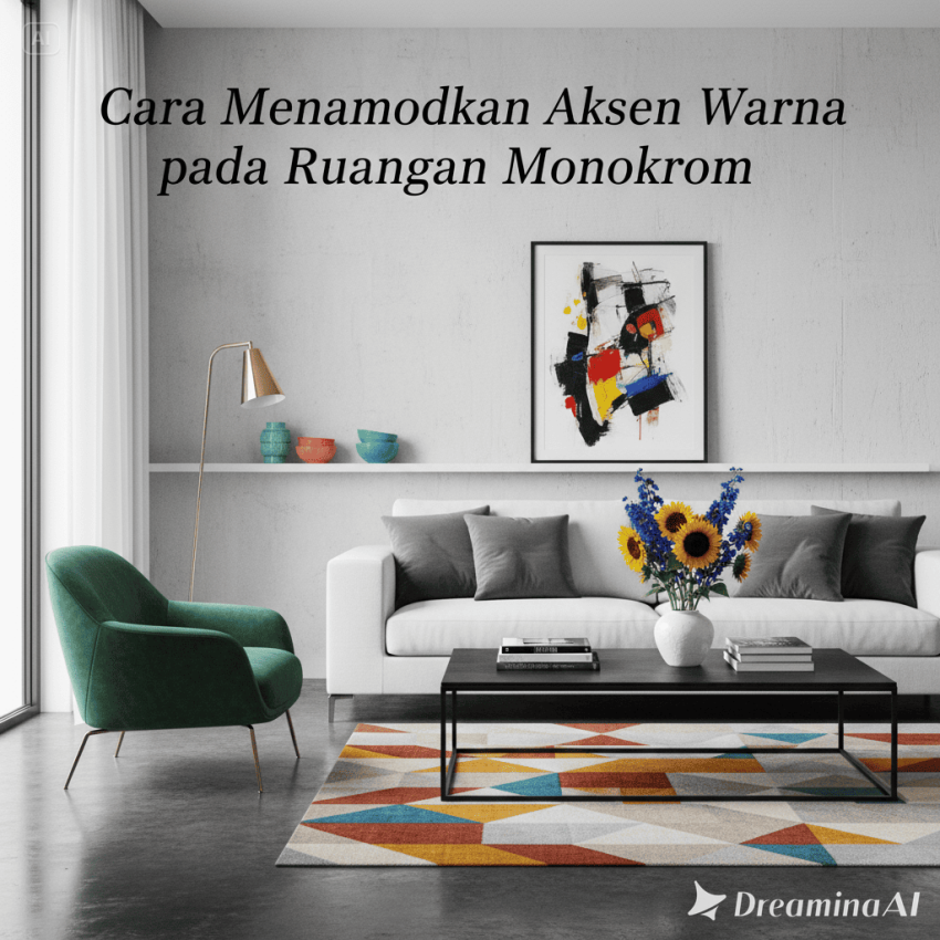 Ilustrasi ruang tamu monokrom dengan bantal kuning dan tanaman hijau sebagai aksen warna.