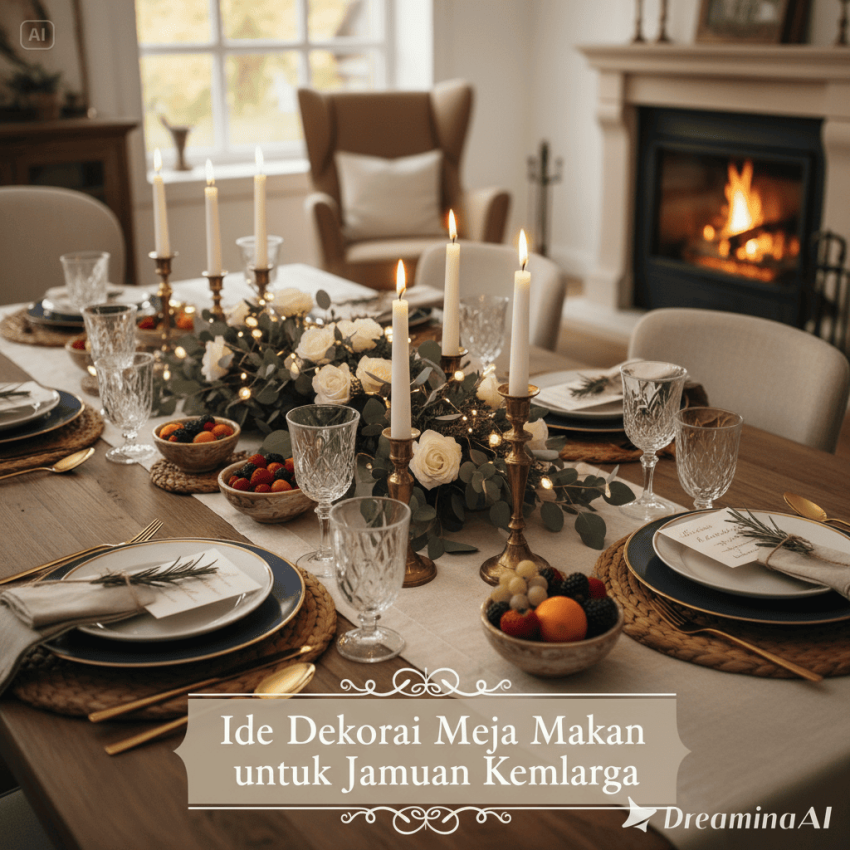 Meja makan dengan dekorasi bunga segar, lilin, dan table setting elegan untuk jamuan keluarga.
