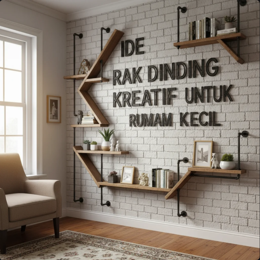 Rak dinding melayang modern di ruang tamu kecil dengan dekorasi minimalis dan pencahayaan alami.