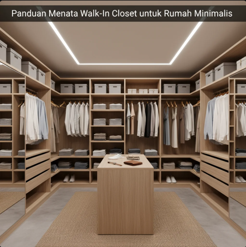 Walk-in closet bergaya minimalis dengan pencahayaan lembut dan rak kayu modern.