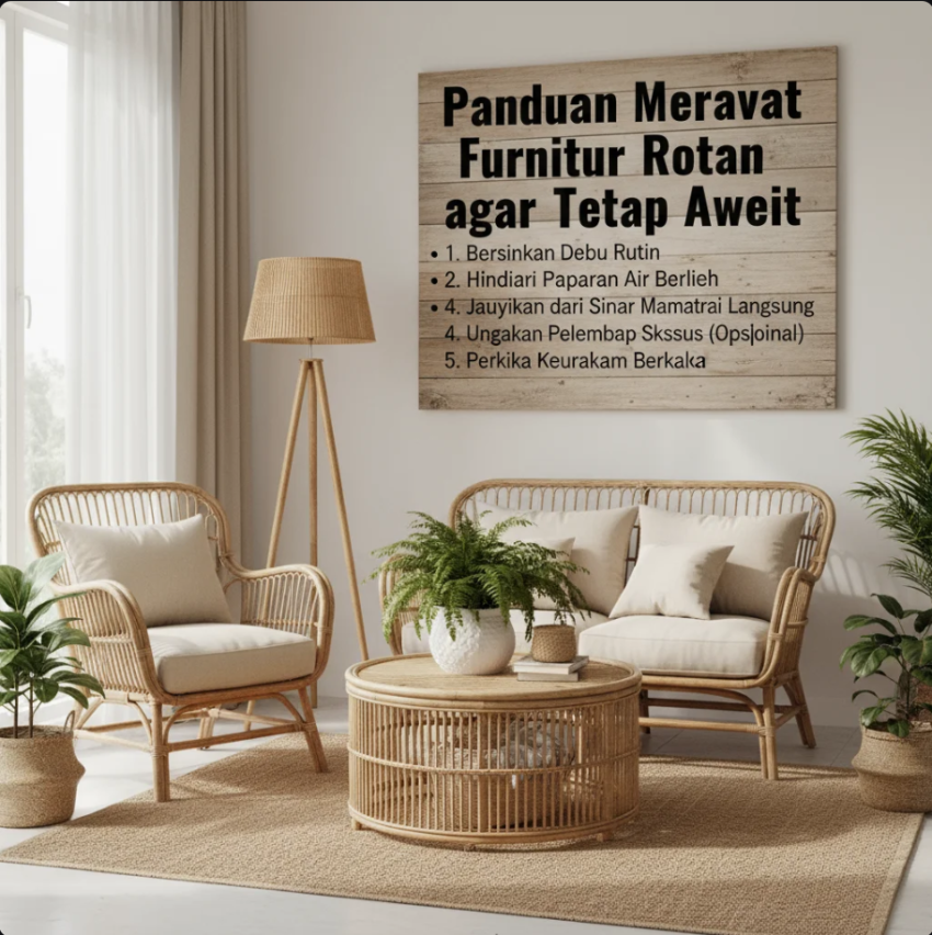 Furnitur rotan alami di ruang tamu dengan pencahayaan lembut dan suasana tropis elegan.