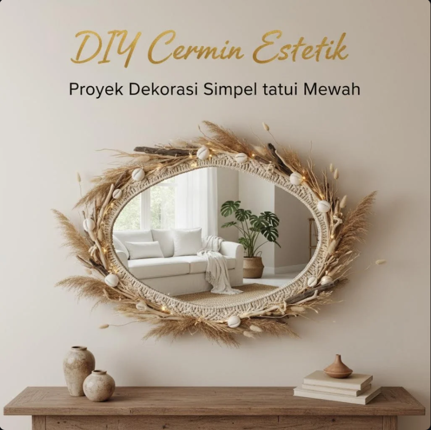 Ilustrasi cermin estetik dengan frame wavy dan warna pastel