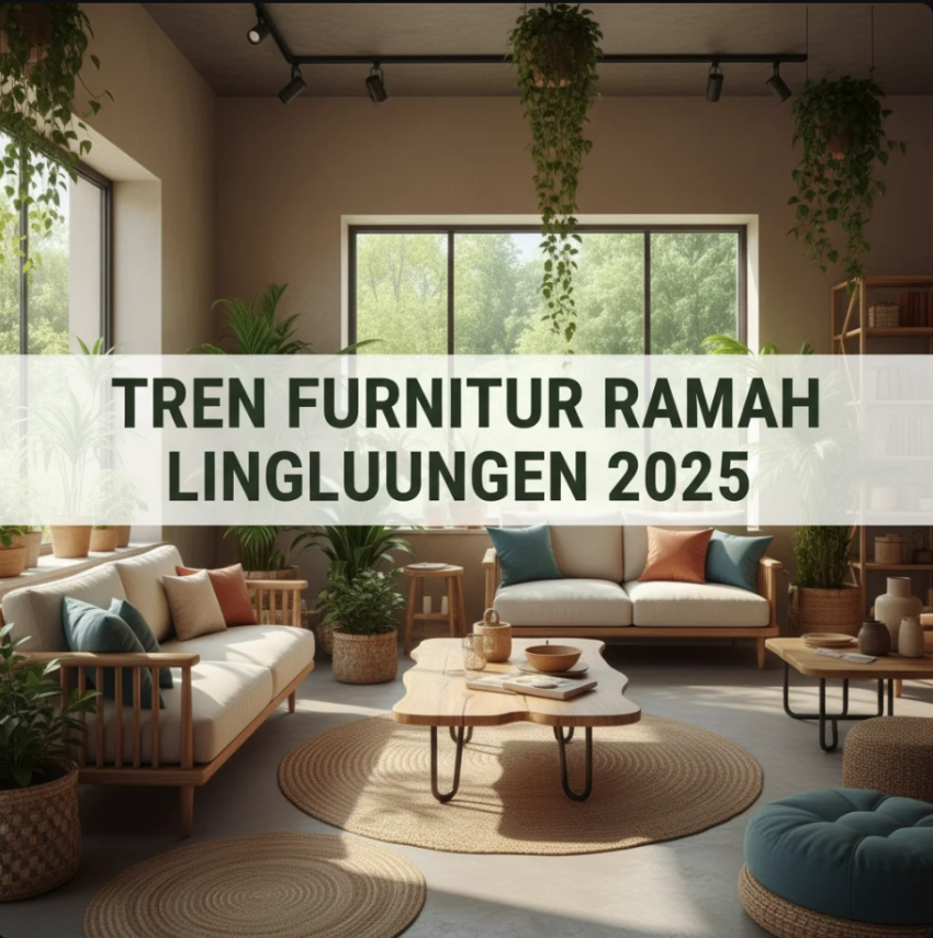 Ruang tamu modern dengan furnitur bambu dan tanaman hijau alami berkonsep minimalis.