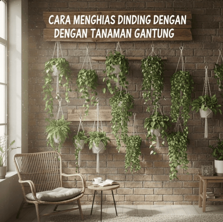 Dinding rumah dihias dengan berbagai tanaman gantung yang rapi dan hijau, menciptakan suasana segar