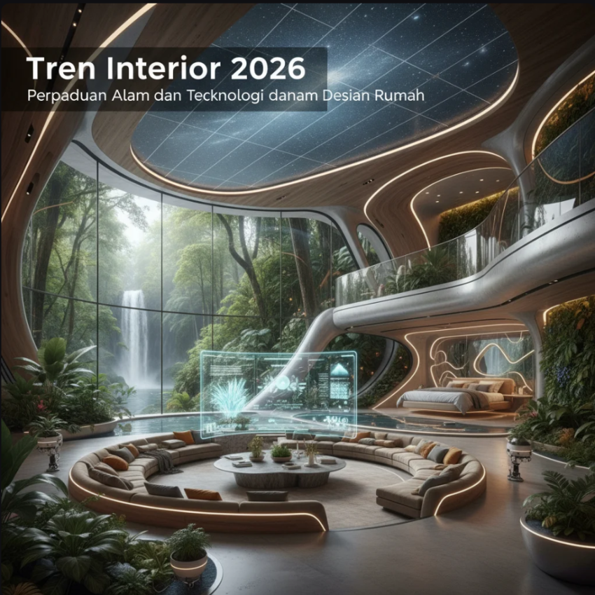 Ruang tamu modern dengan perpaduan elemen kayu alami dan teknologi rumah pintar minimalis.