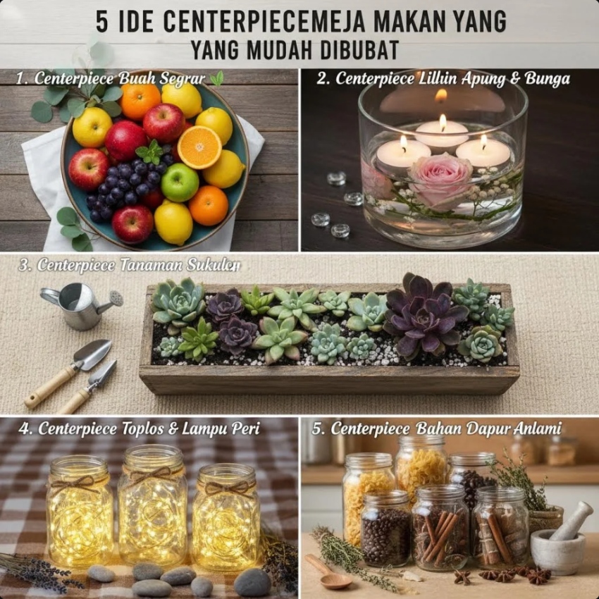 Dekorasi centerpiece meja makan dengan vas bunga, lilin, dan elemen natural bernuansa hangat