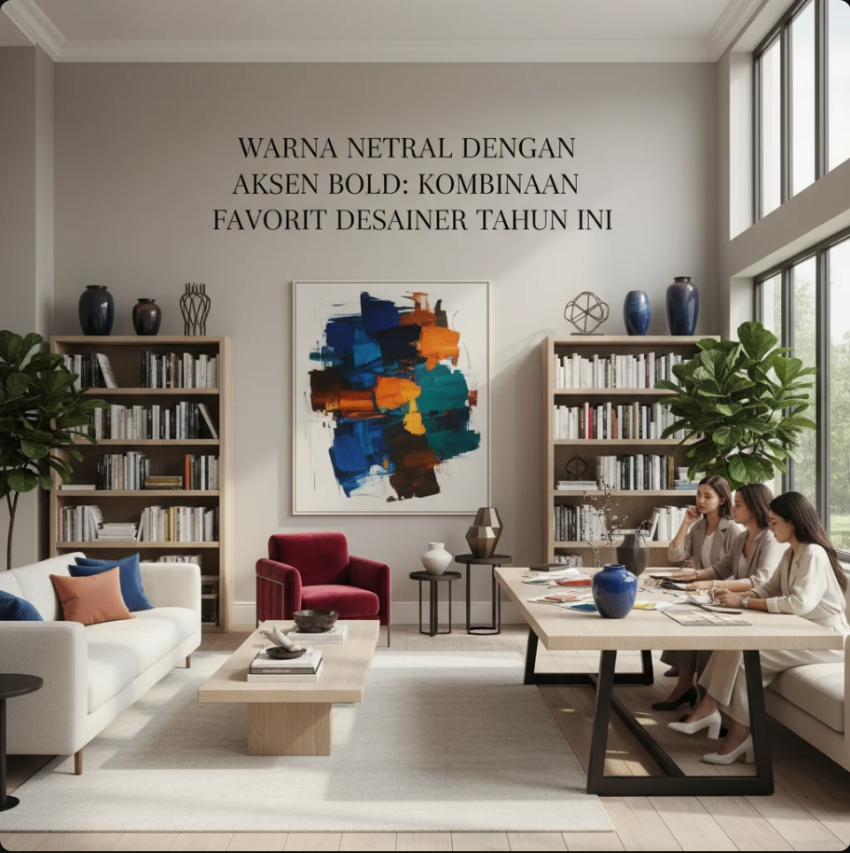 Ruang tamu bergaya modern dengan dinding warna netral dan kursi berwarna emerald green sebagai aksen bold.