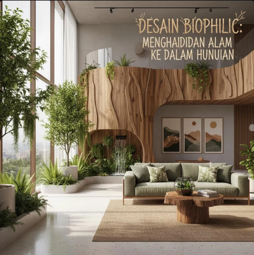 Interior rumah dengan elemen tanaman hijau, cahaya alami, dan dekorasi kayu