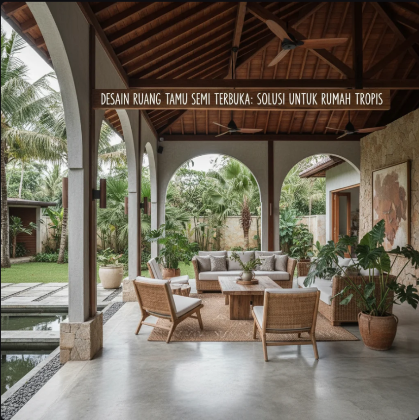 Ruang tamu semi terbuka dengan pintu kaca besar, tanaman tropis, dan pencahayaan alami.