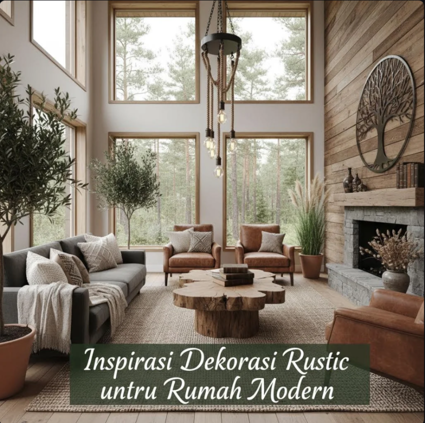 Ruang tamu gaya rustic modern dengan elemen kayu, warna earthy, dan furnitur minimalis