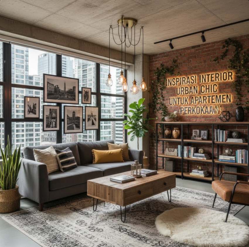 Ruang tamu apartemen bergaya Urban Chic dengan dinding bata ekspos, sofa abu, dan pencahayaan hangat.